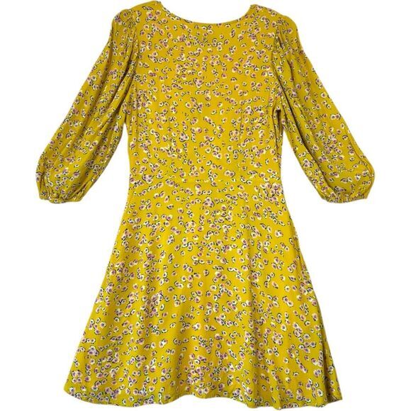 Nicholas Yellow Floral Print Ruched Tie Front Midi Dress Puff Sleeve sz 8 Boho - Picture 10 of 11